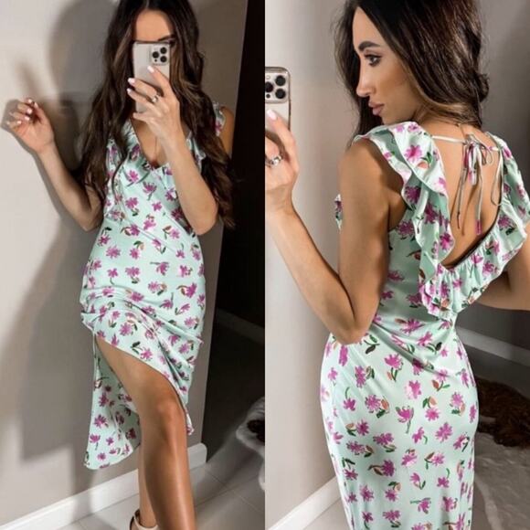 Zara Style 2157 / 046 Mint Green Pink Floral Ruffle Satin Slit Midi Dress Small - Picture 3 of 16